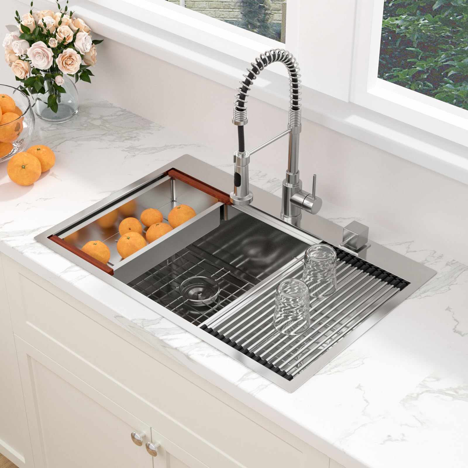 Sarlai 33'' x 22'' Topmount Double Bowl 60/40 Workstation Stainless Steel Kitchen Sink