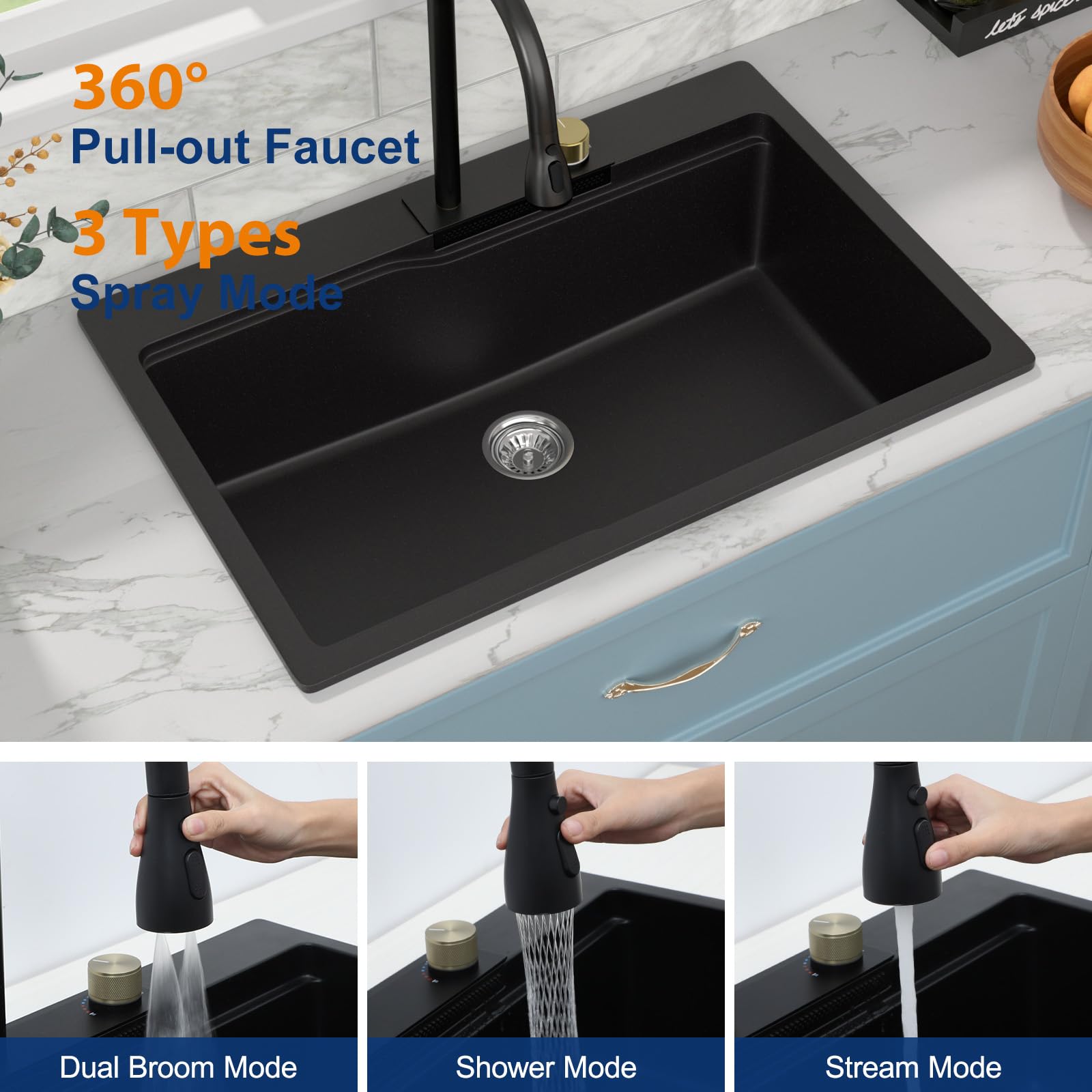 Sarlai 33'' x 22'' Black Quartz Drop-in Waterfall Single Bowl Workstation Kitchen Sink