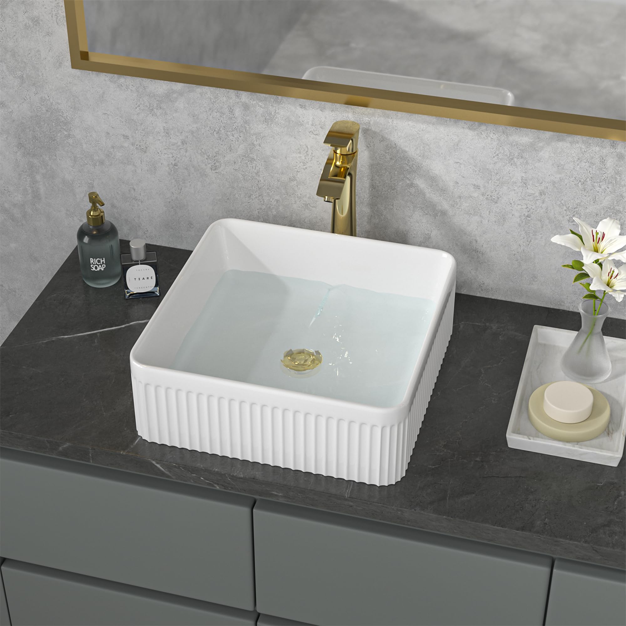 Sarlai 15'' Square Above Counter White Modern Porcelain Ceramic Bathroom Vessel Sink