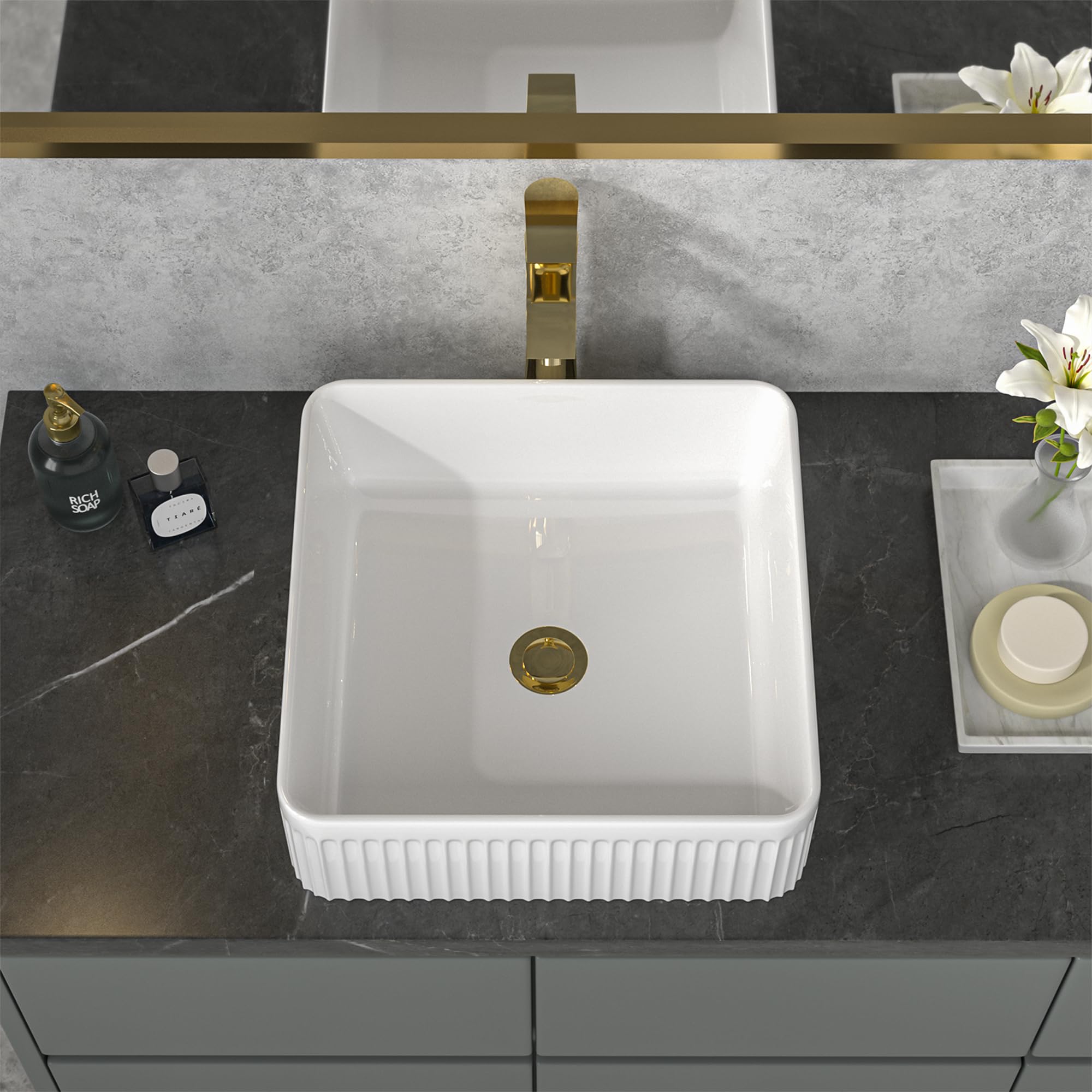 Sarlai 15'' Square Above Counter White Modern Porcelain Ceramic Bathroom Vessel Sink