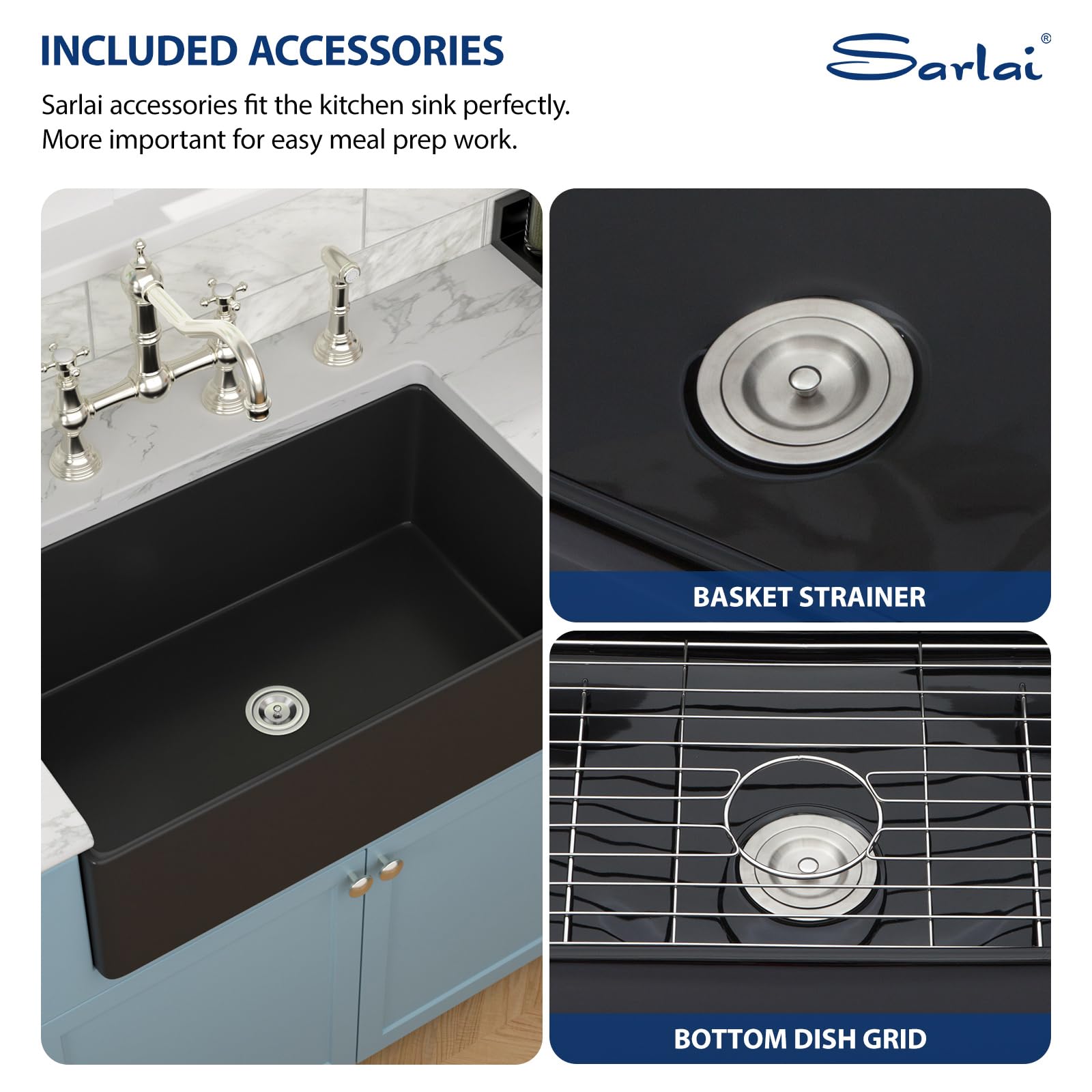 Sarlai 33'' Matte Black Fireclay Farmhouse Sink, Apron Front Single Bowl Ceramic Porcelain Kitchen Farmer Basin