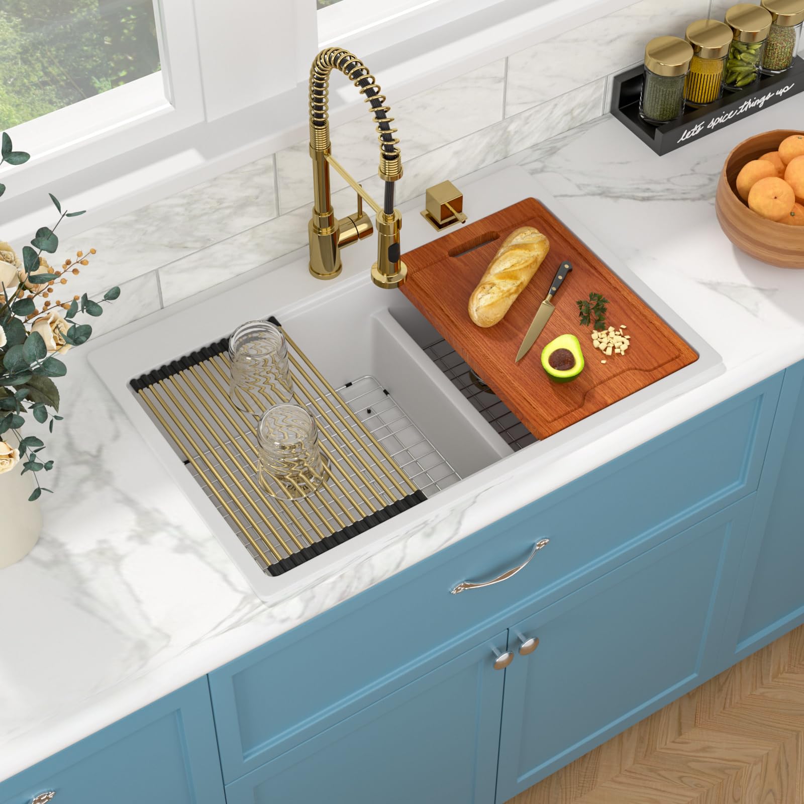 Sarlai 33''x22'' 60/40 Low Divide Double Bowl White Granite Composite Kitchen Sink, Drop-In Ledge Workstation Quartz Composite Above Counter Basin with Gold Accessories Secondary image
