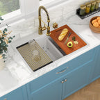 Sarlai 33''x22'' 60/40 Low Divide Double Bowl White Granite Composite Kitchen Sink, Drop-In Ledge Workstation Quartz Composite Above Counter Basin with Gold Accessories