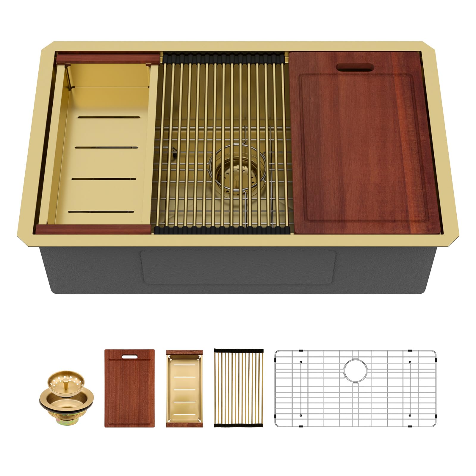 Sarlai 33''x19'' Gold Stainless Steel Undermount Kitchen Sink, 16 Gauge Deep Single Bowl Workstation Rectangular Basin Main image