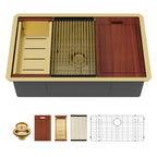 Sarlai 33''x19'' Gold Stainless Steel Undermount Kitchen Sink, 16 Gauge Deep Single Bowl Workstation Rectangular Basin