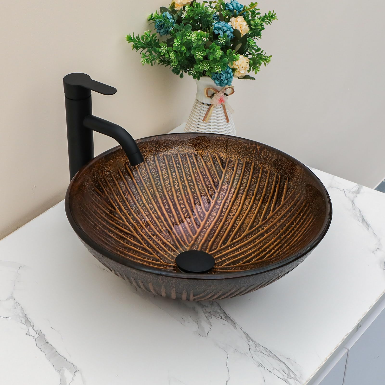 Sarlai 16.5''x16.5'' Brown Round Tempered Glass Bathroom Vessel Sink, Countertop Basin with Pop-up Drain Combo