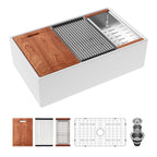 Sarlai 33''x20'' Workstation White Fireclay Farmhouse Sink, Apron Front Undermount Single Bowl Porcelain Kitchen Farmer Sink