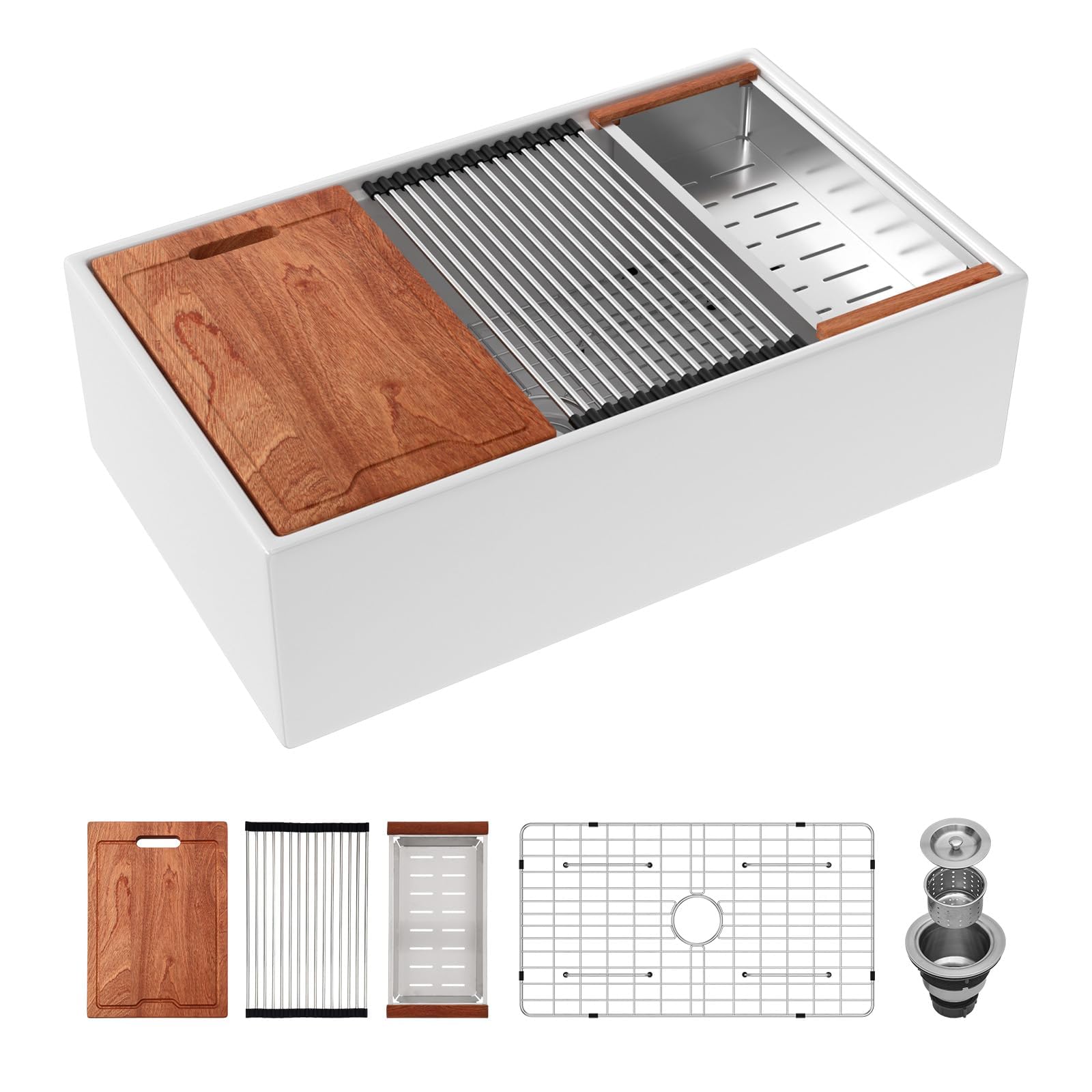 Sarlai 33''x20'' Workstation White Fireclay Farmhouse Sink, Apron Front Undermount Single Bowl Porcelain Kitchen Farmer Sink