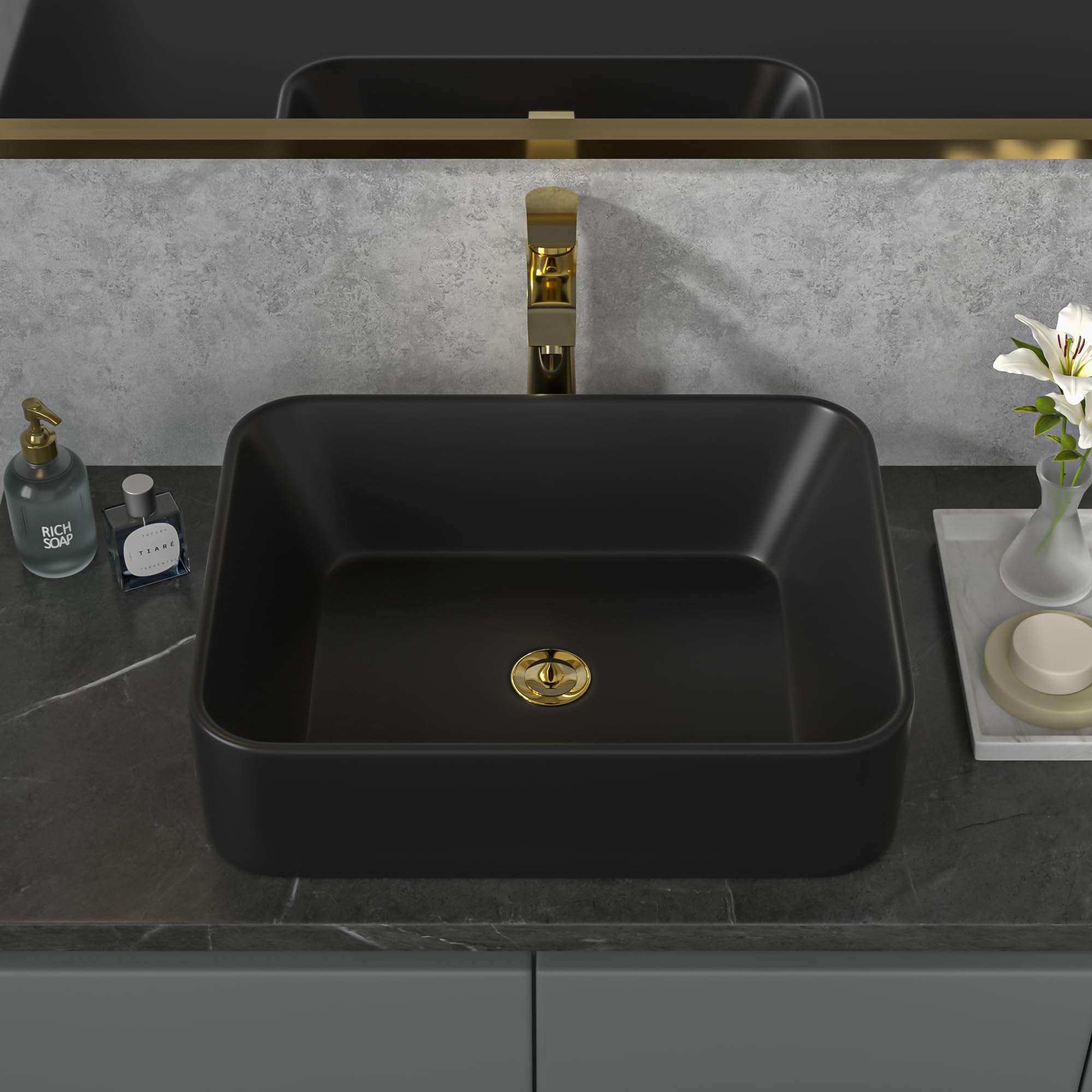 Sarlai 19''x15'' Above Counter Rectangular Black Porcelain Ceramic Bathroom Vessel Sink