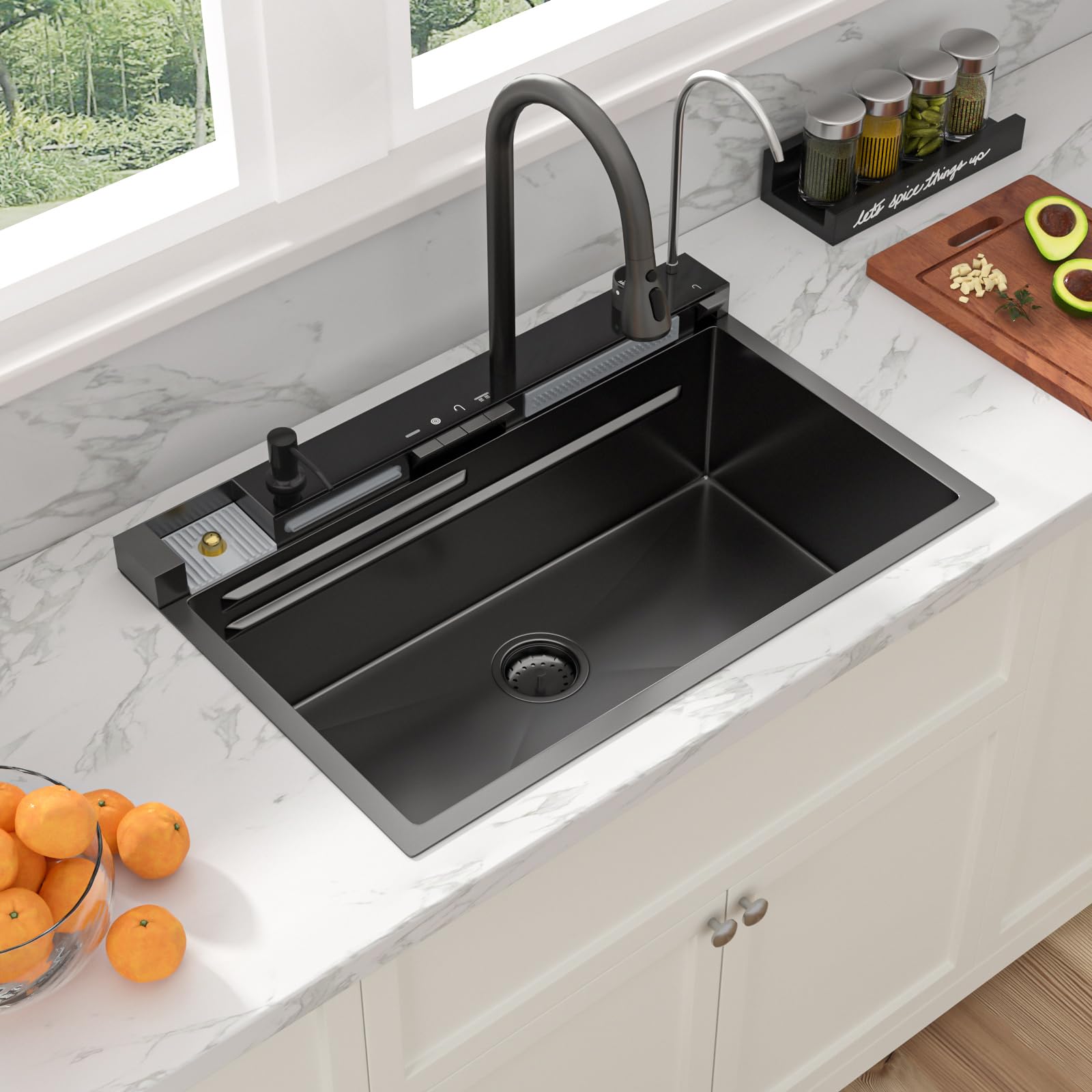 Sarlai 30'' Digital Display Drop In Waterfall Single Bowl Stainless Steel Workstation Kitchen Sink