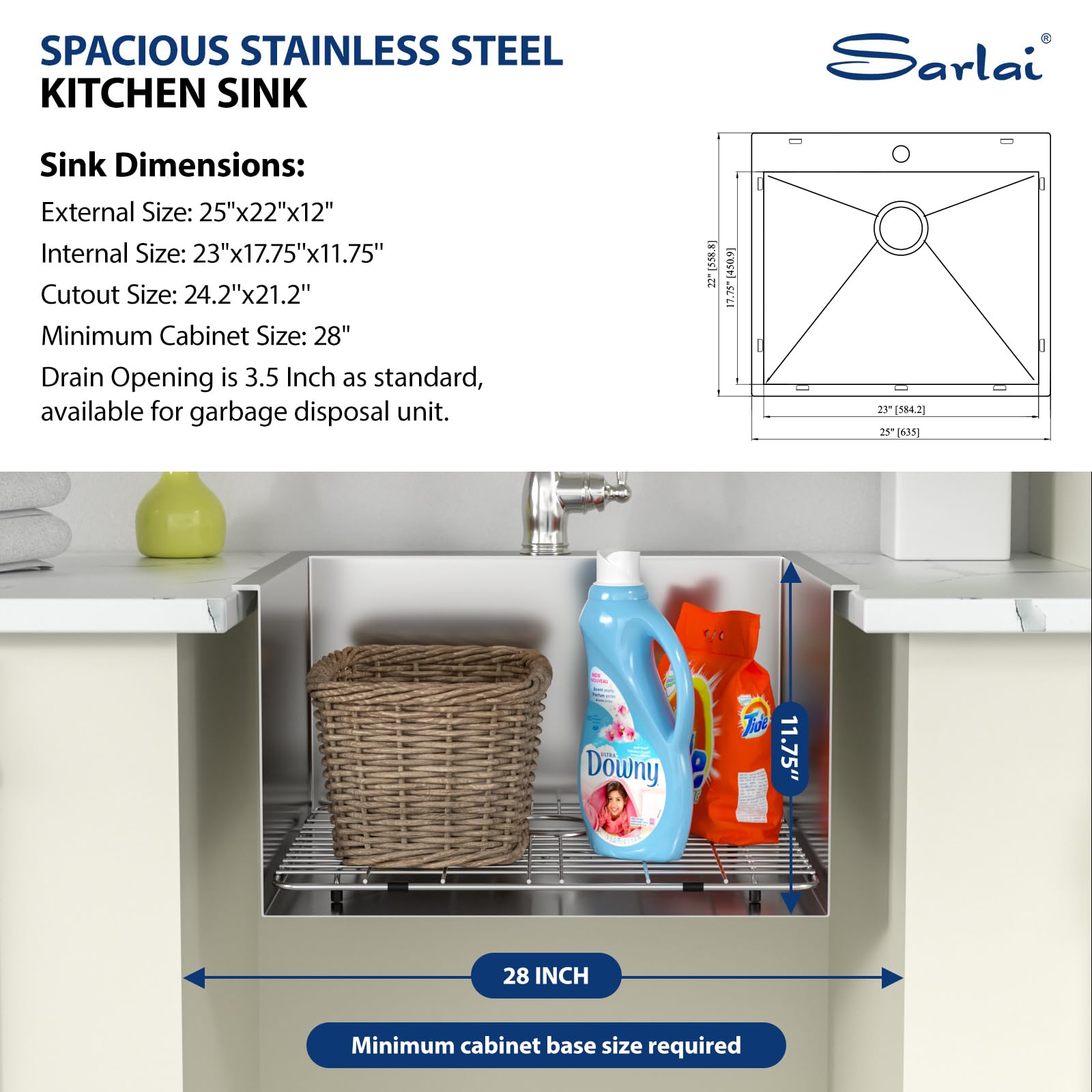 Sarlai 25'' x 22'' Stainless Steel Drop-in Single Bowl Laundry Deep Utility Sink