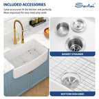 Sarlai 33''x19'' Curved Apron Front White Vitreous Fireclay Farmhouse Sink, Single Bowl Porcelain Ceramic Farm Kitchen Basin