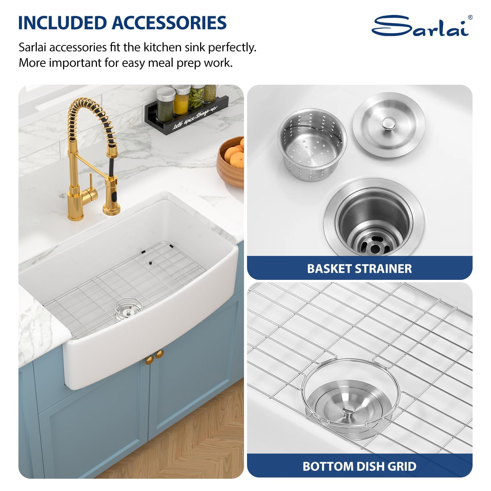 Sarlai 33''x19'' Curved Apron Front White Vitreous Fireclay Farmhouse Sink, Single Bowl Porcelain Ceramic Farm Kitchen Basin