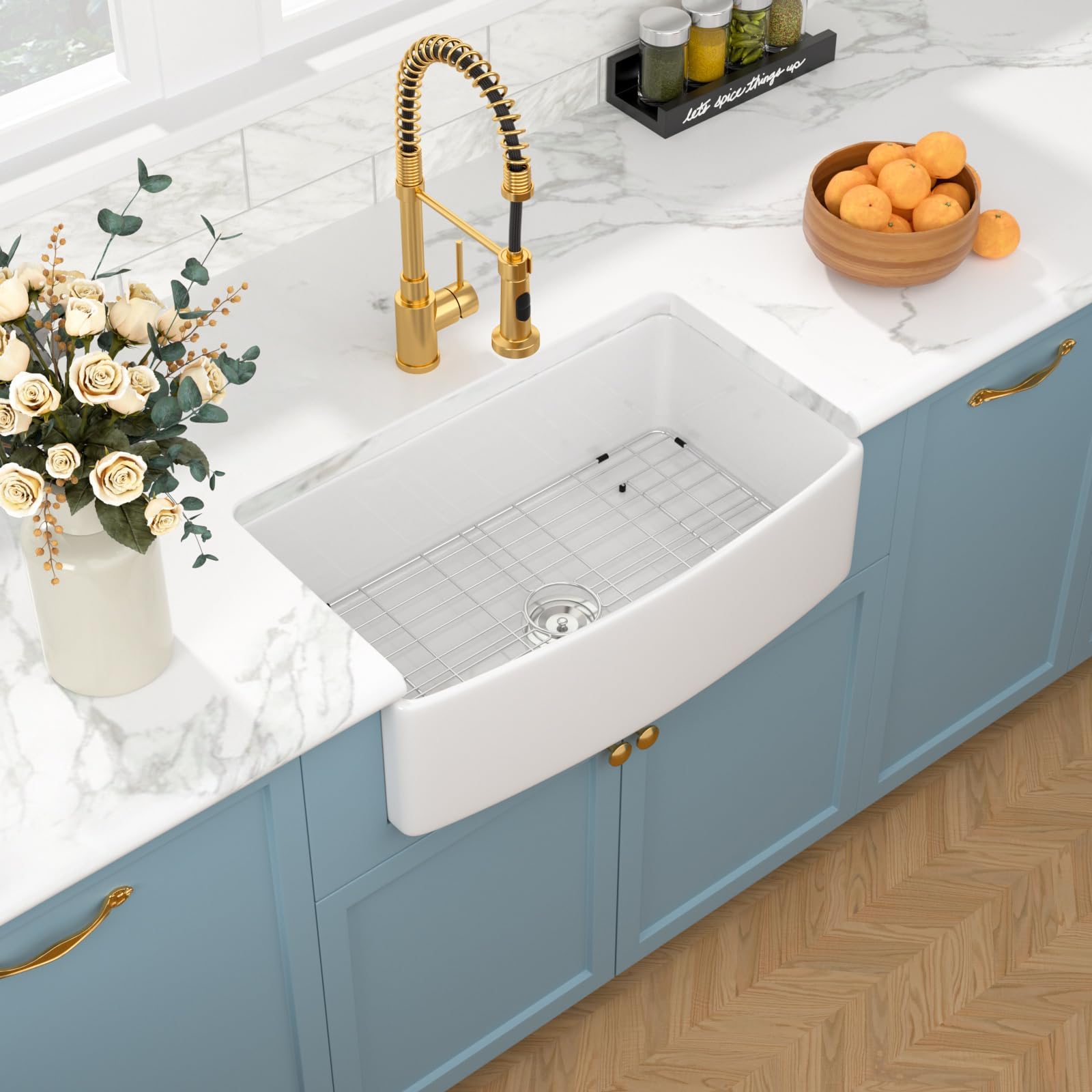 Sarlai 33''x19'' Curved Apron Front White Vitreous Fireclay Farmhouse Sink, Single Bowl Porcelain Ceramic Farm Kitchen Basin Secondary image