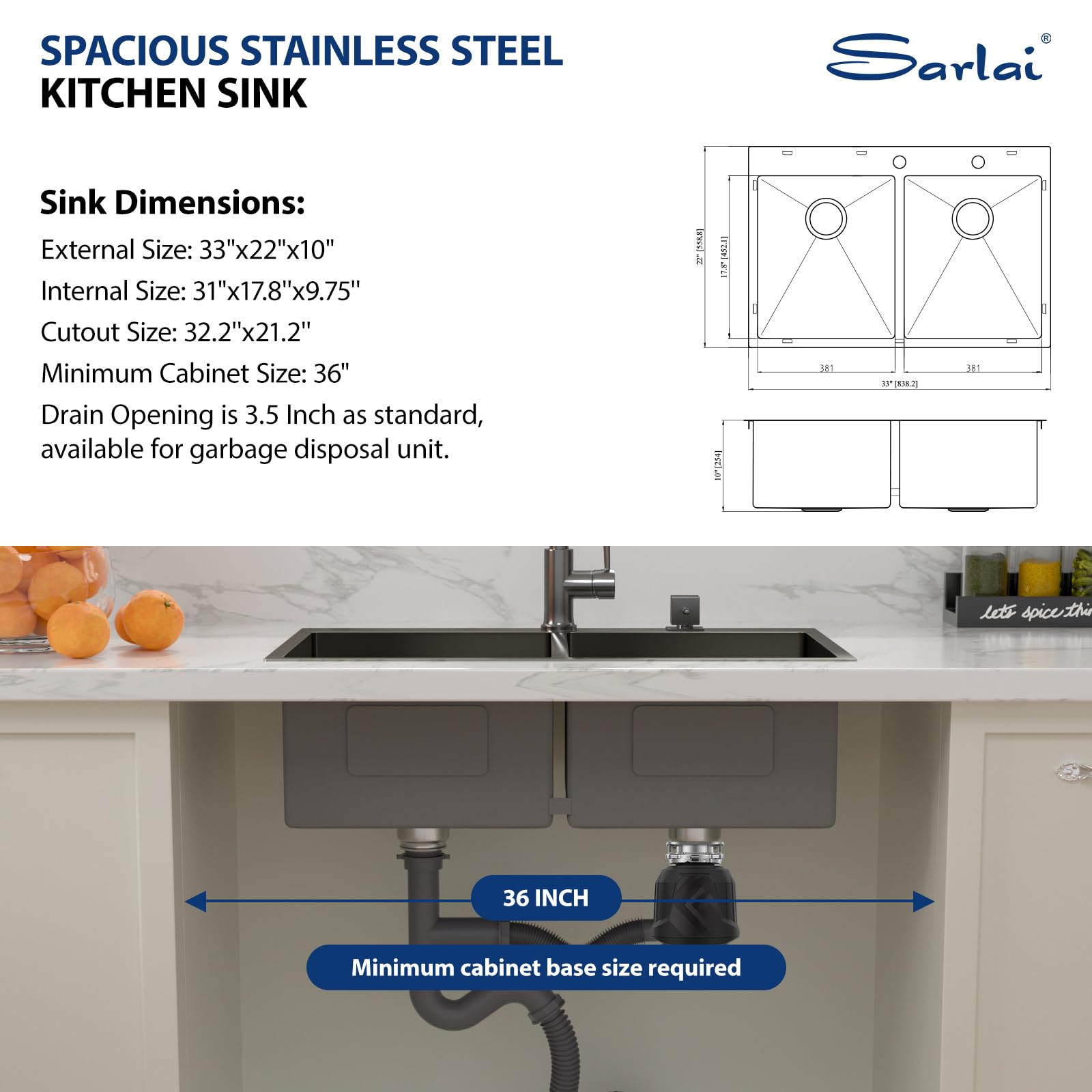 Sarlai 33in Double Bowl 50/50 Black Drop-in Stainless Steel Kitchen Sink