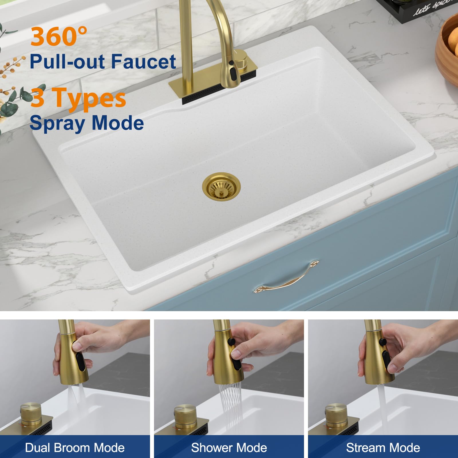 Sarlai 33'' x 22'' Quartz Waterfall Single Bowl Drop-in Workstation Kitchen Sink