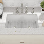 Sarlai 32 White Undermount Kitchen Sink Double Bowl - 32 Inch Drop Kitchen Sink Double Basin 50/50 Divide White Porcelain Ceramic Fireclay Undermount Drop/Undermount Kitchen Sinks Basin