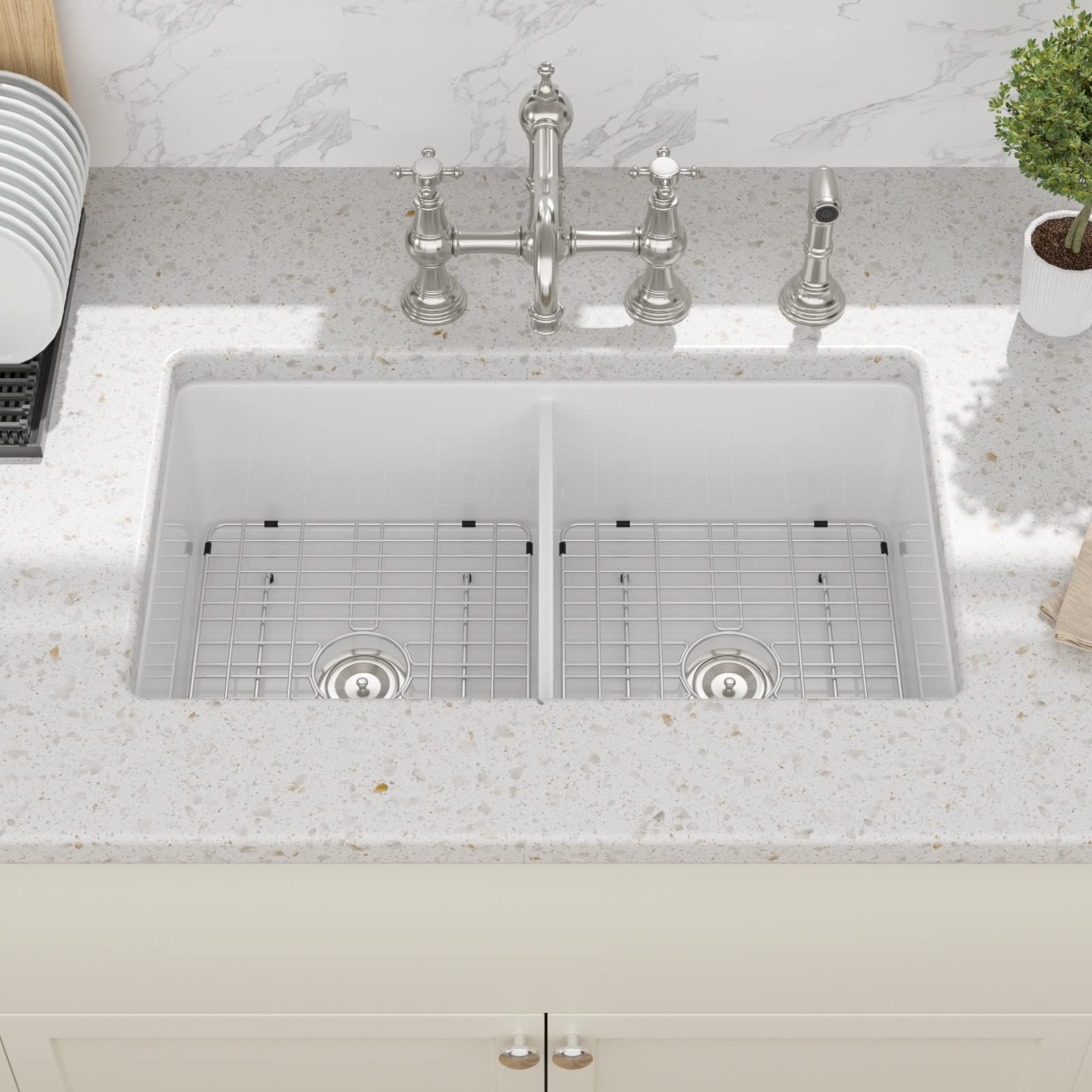Sarlai 32 White Undermount Kitchen Sink Double Bowl - 32 Inch Drop Kitchen Sink Double Basin 50/50 Divide White Porcelain Ceramic Fireclay Undermount Drop/Undermount Kitchen Sinks Basin
