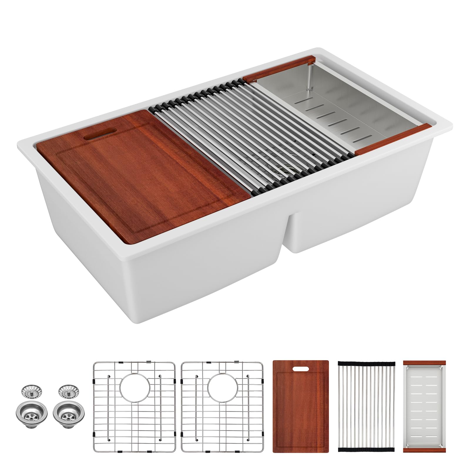 Sarlai 33''x19'' 50/50 Low Divide Double Bowl White Granite Composite Kitchen Sink, Undermount Ledge Workstation Quartz Classic Under Counter Basin Main image
