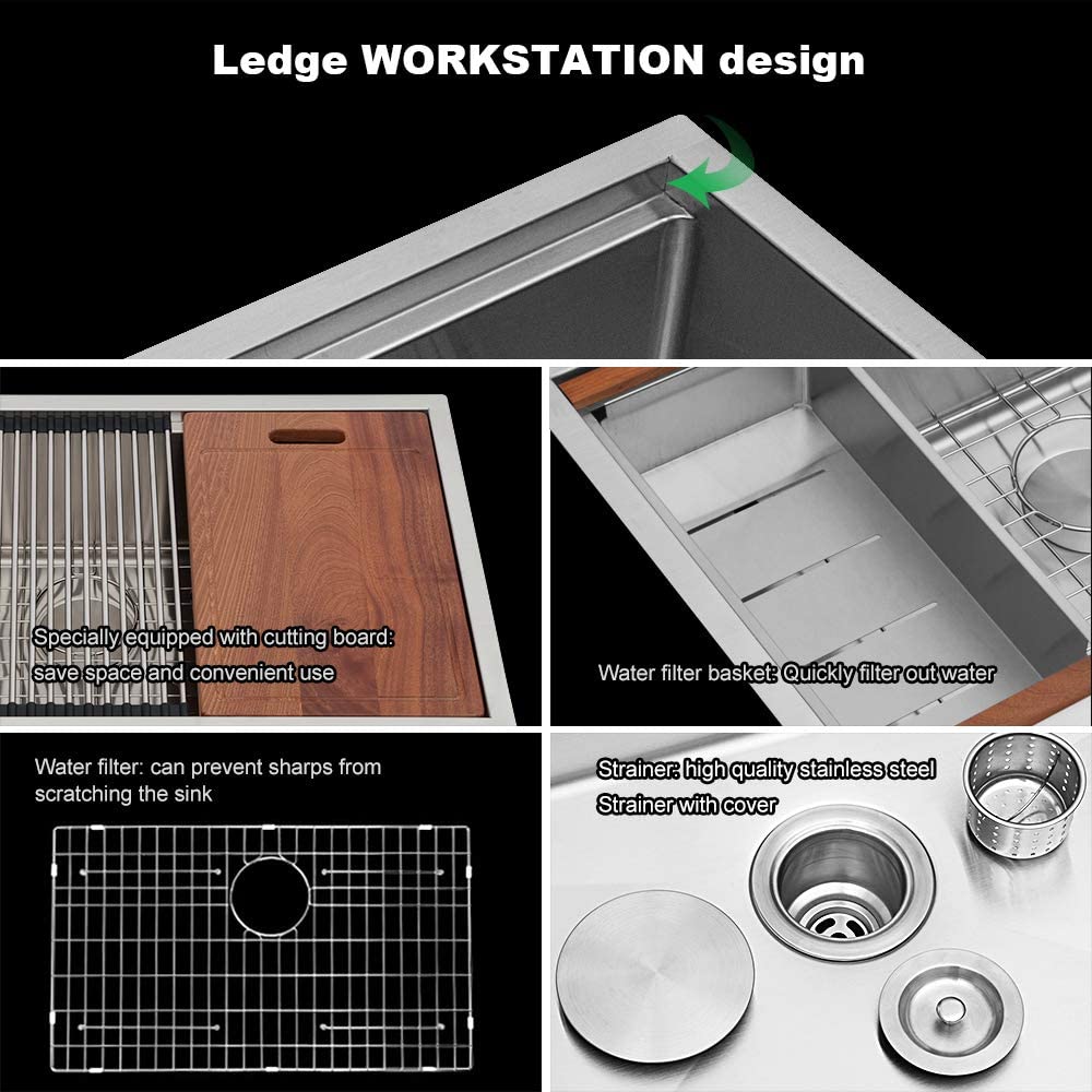 Sarlai 32'' Stainless Steel Single Bowl Undermount Workstation Kitchen Sink