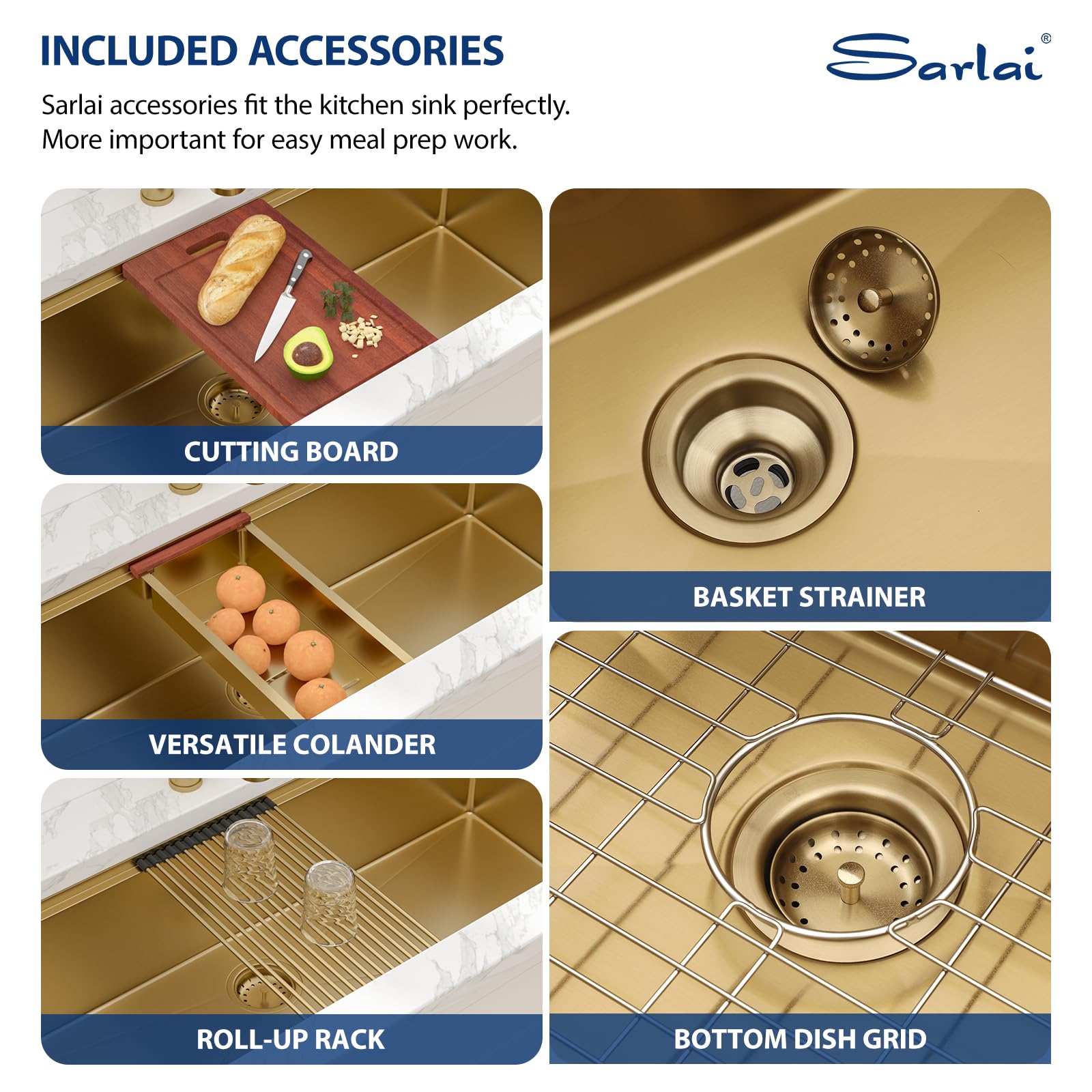 Sarlai 45'' Gold NANO-Tech Undermount Workstation Kitchen Sink, 16 Gauge Stainless Steel Round Corner Single Bowl Basin