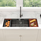 Sarlai 45'' Gunmetal Black NANO-PVD Undermount Workstation Kitchen Sink, 16 Gauge Stainless Steel Round Corner Single Bowl Basin