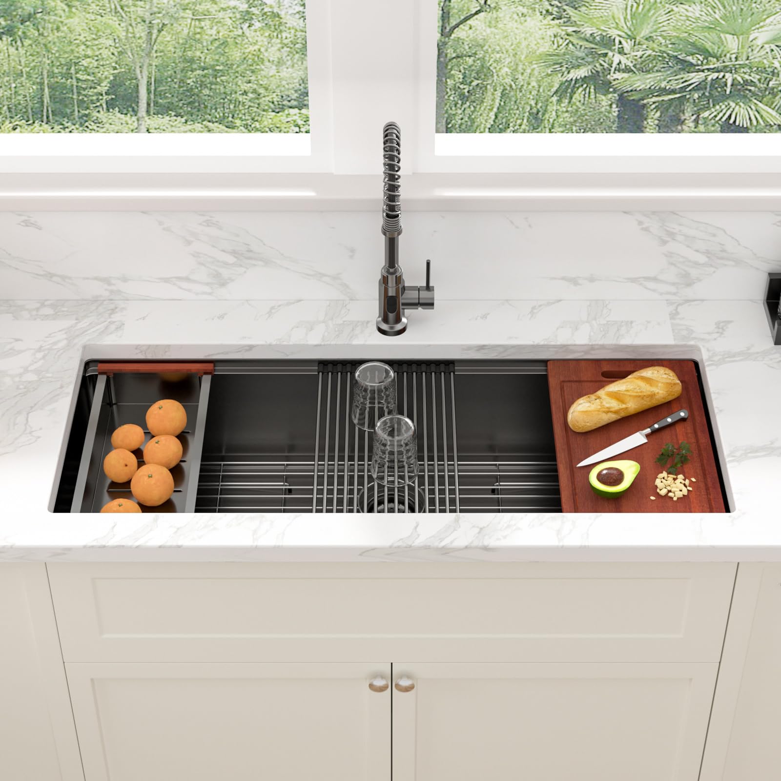 Sarlai 45'' Gunmetal Black NANO-PVD Undermount Workstation Kitchen Sink, 16 Gauge Stainless Steel Round Corner Single Bowl Basin
