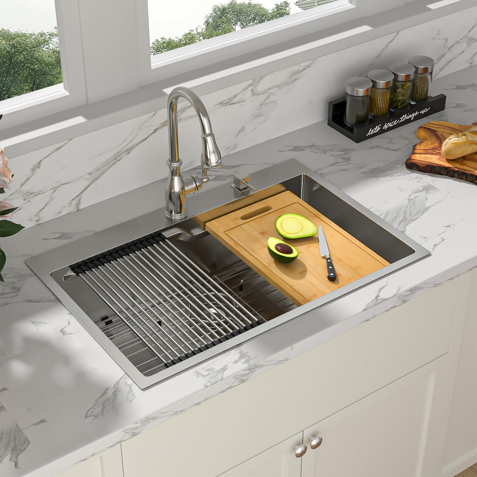 Sarlai 33'' x 22'' Drop In Single Bowl Stainless Steel Workstation Kitchen Sink with Z Shape Ledge