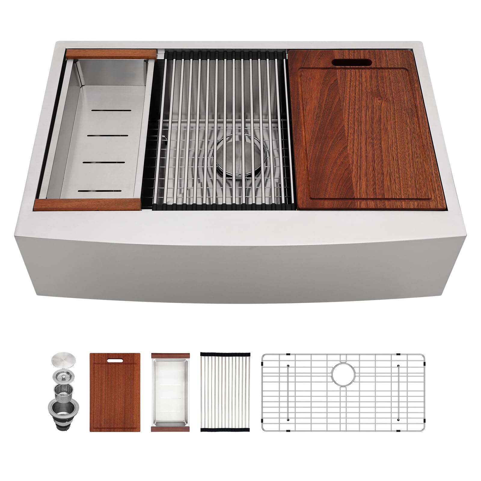 Sarlai 33in Apron Front Single Bowl Workstation Stainless Steel Farmhouse Kitchen Sink
