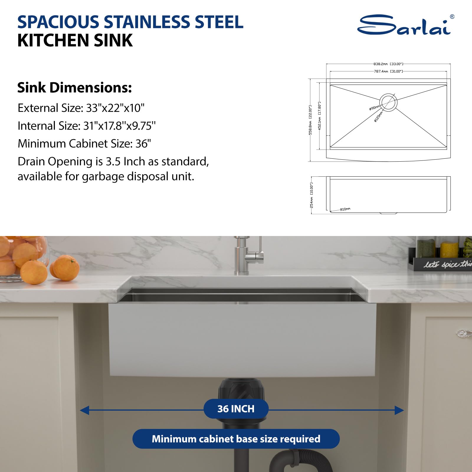 Sarlai 33in Apron Front Single Bowl Workstation Stainless Steel Farmhouse Kitchen Sink