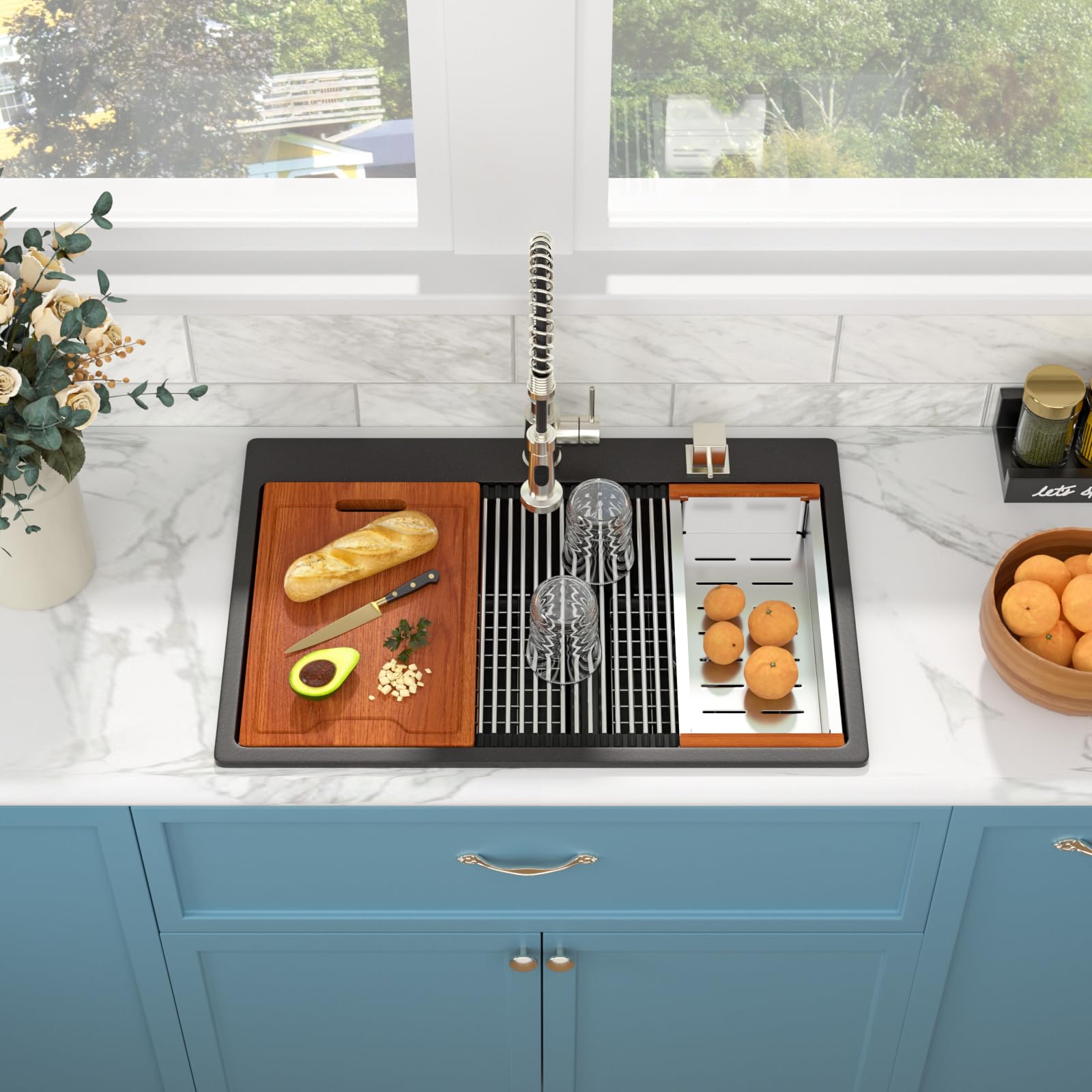 Sarlai 33''x22'' 60/40 Low Divide Double Bowl Black Granite Composite Kitchen Sink, Drop-In Ledge Workstation Quartz Composite Above Counter Basin