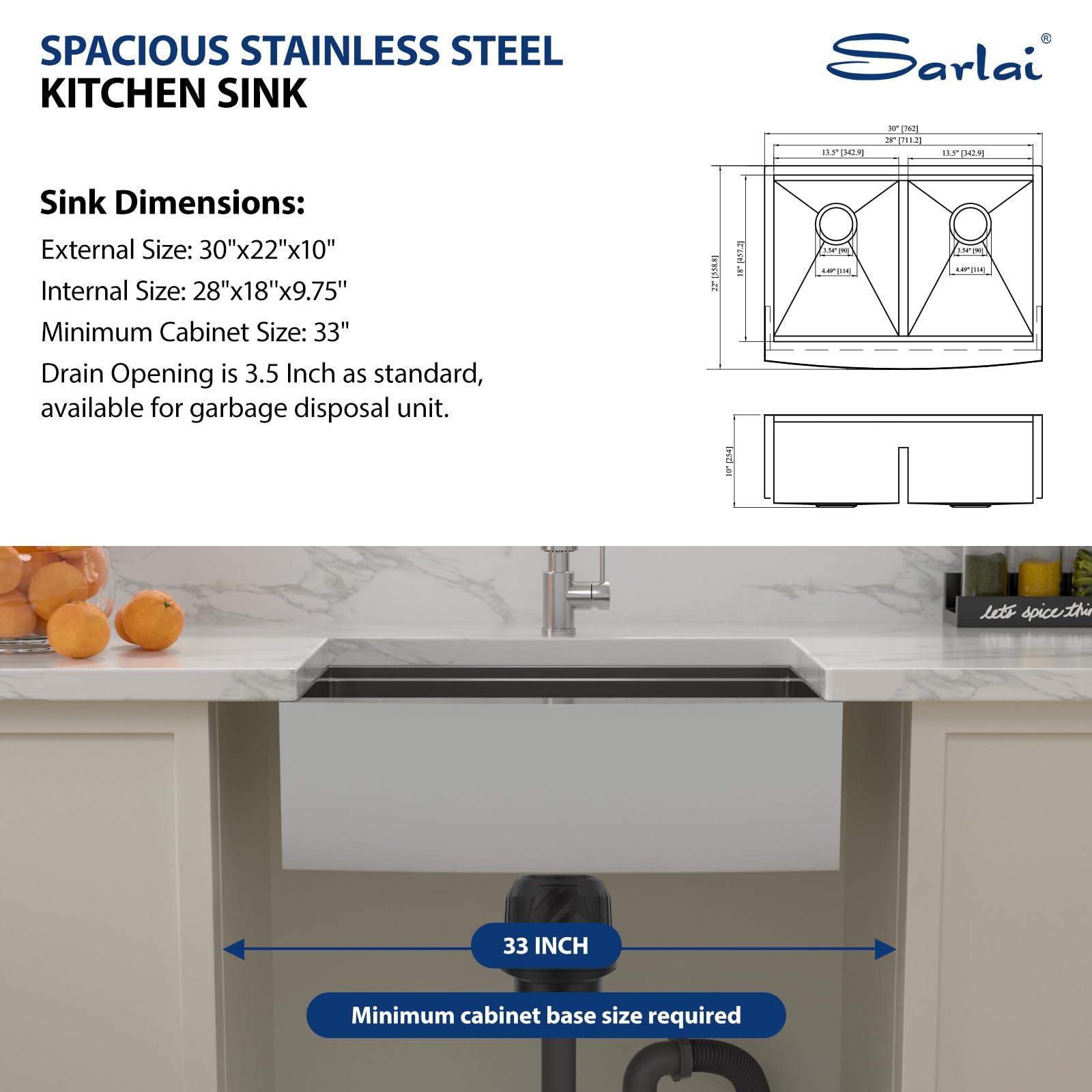 Sarlai 30in Double Bowl Apron Front Stainless Steel Workstation Kitchen Farm Sink