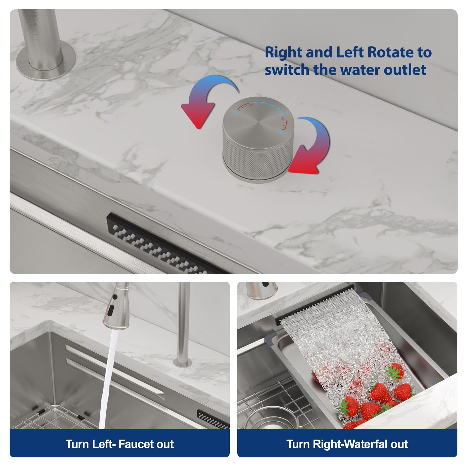 Sarlai 33'' Waterfall Undermount Workstation Kitchen Sink, 16 Gauge Stainless Steel Multifunction Single Bowl Basin with Matching Faucet