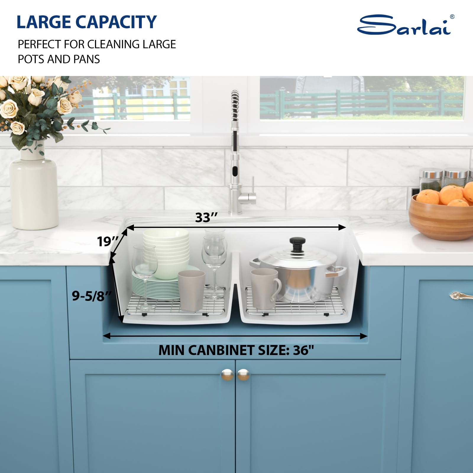 Sarlai 33''x19'' 50/50 Low Divide Double Bowl White Granite Composite Kitchen Sink, Undermount Ledge Workstation Quartz Classic Under Counter Basin