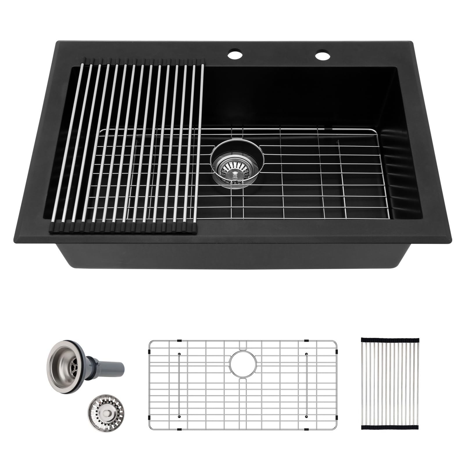 Sarlai 33in Drop In Matte Black Single Bowl Granite Quartz Composite Kitchen Sink