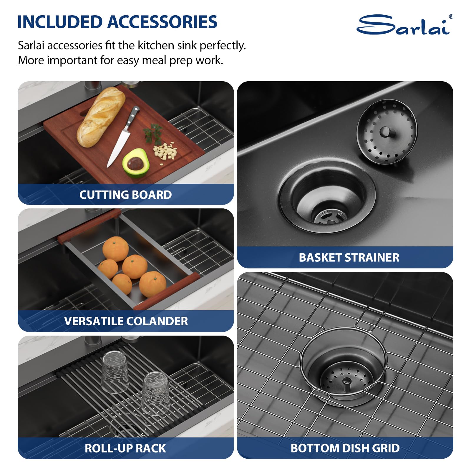 Sarlai 33in Black Drop In Single Bowl Stainless Steel Workstation Kitchen Sink