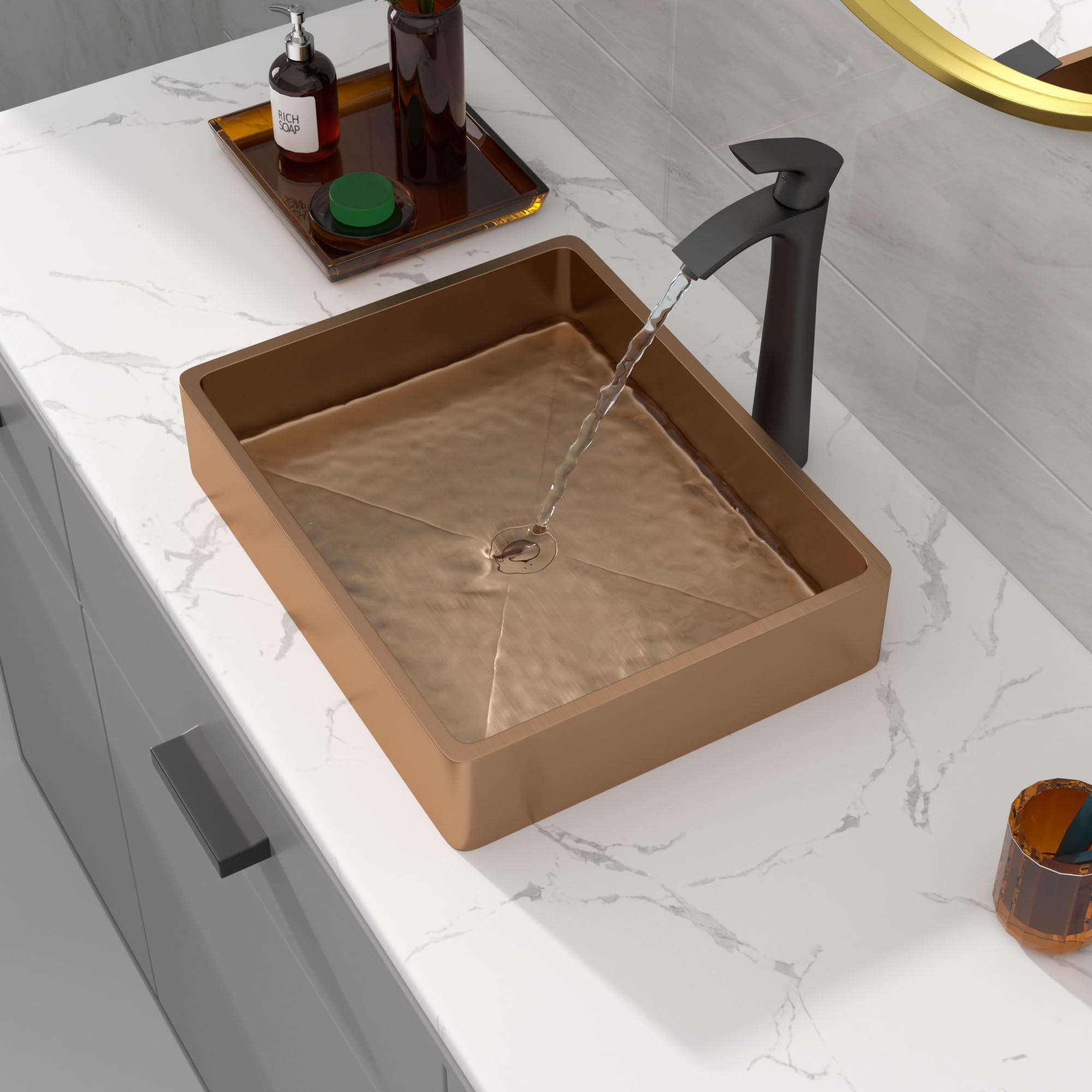 Sarlai 19'' x 15'' Stainless Steel Vessel Rectangular Bathroom Sink with Pop-Up Drain-Rose Gold