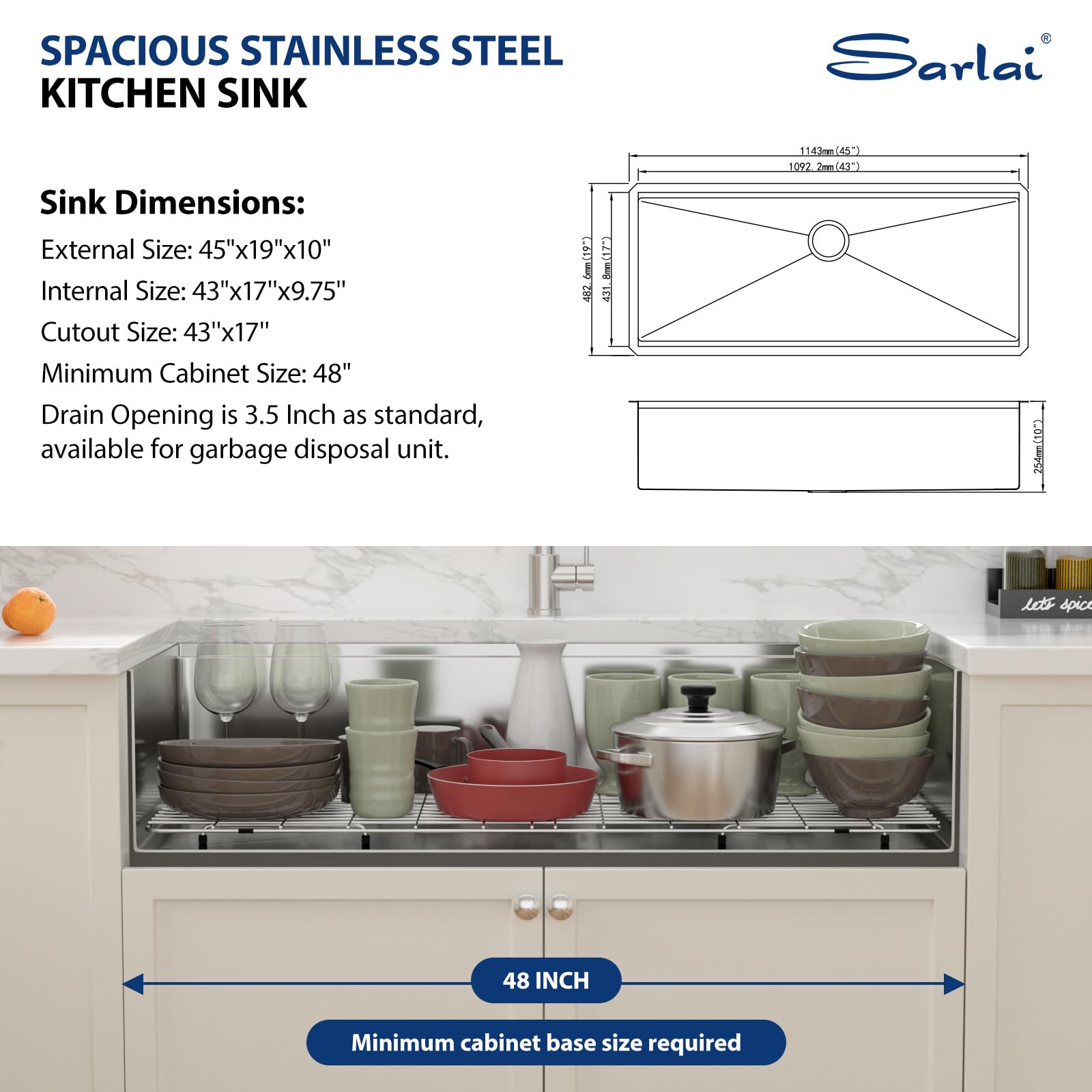 Sarlai 45''x19'' Extra Large Undermount Workstation Kitchen Sink, 16 Gauge Stainless Steel Deep Single Bowl Under Counter Basin