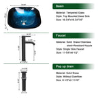 Sarlai 16.75''x16.75'' Matte Black Square Tempered Glass Bathroom Vessel Sink, Countertop Basin with Faucet & Pop-up Drain Combo