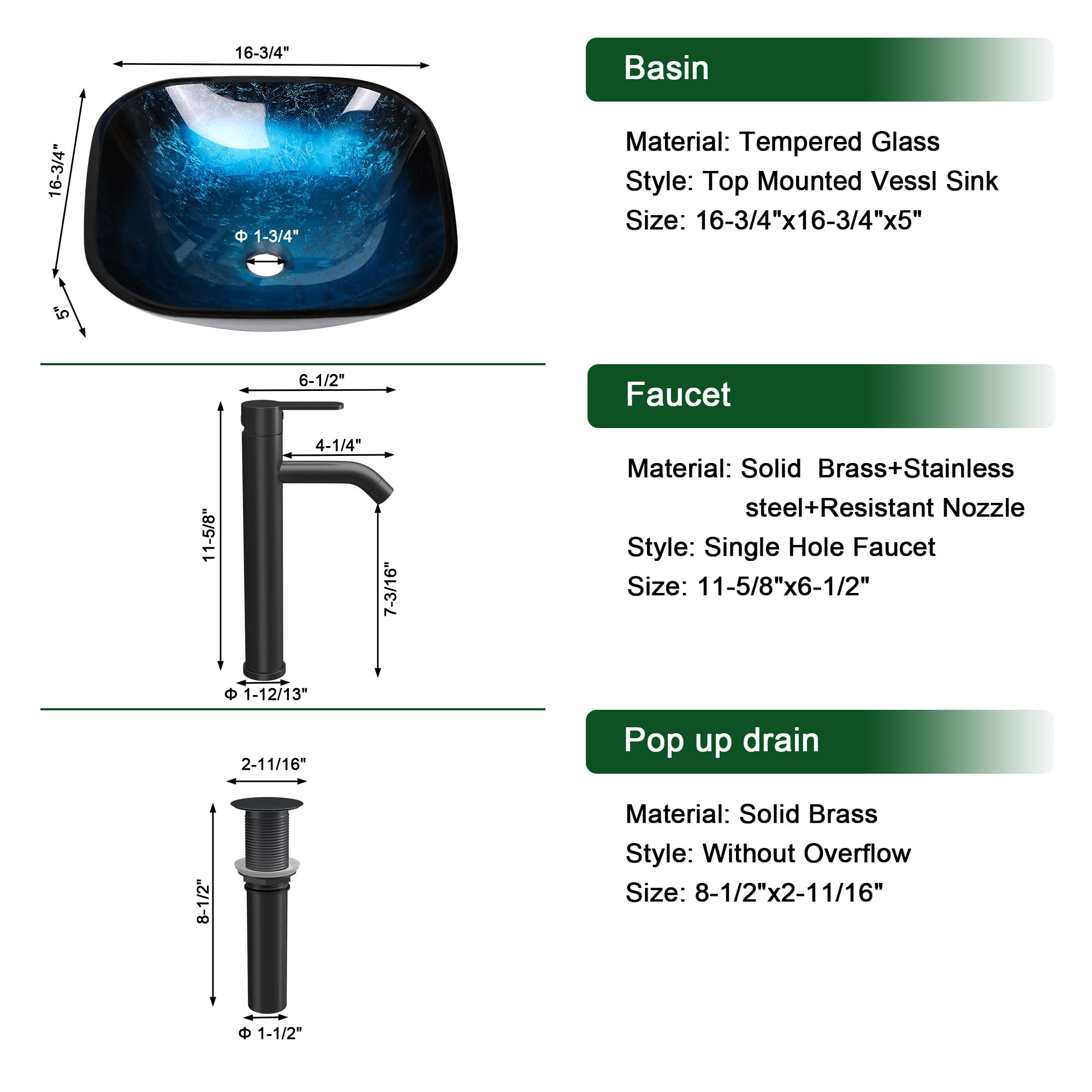 Sarlai 16.75''x16.75'' Matte Black Square Tempered Glass Bathroom Vessel Sink, Countertop Basin with Faucet & Pop-up Drain Combo