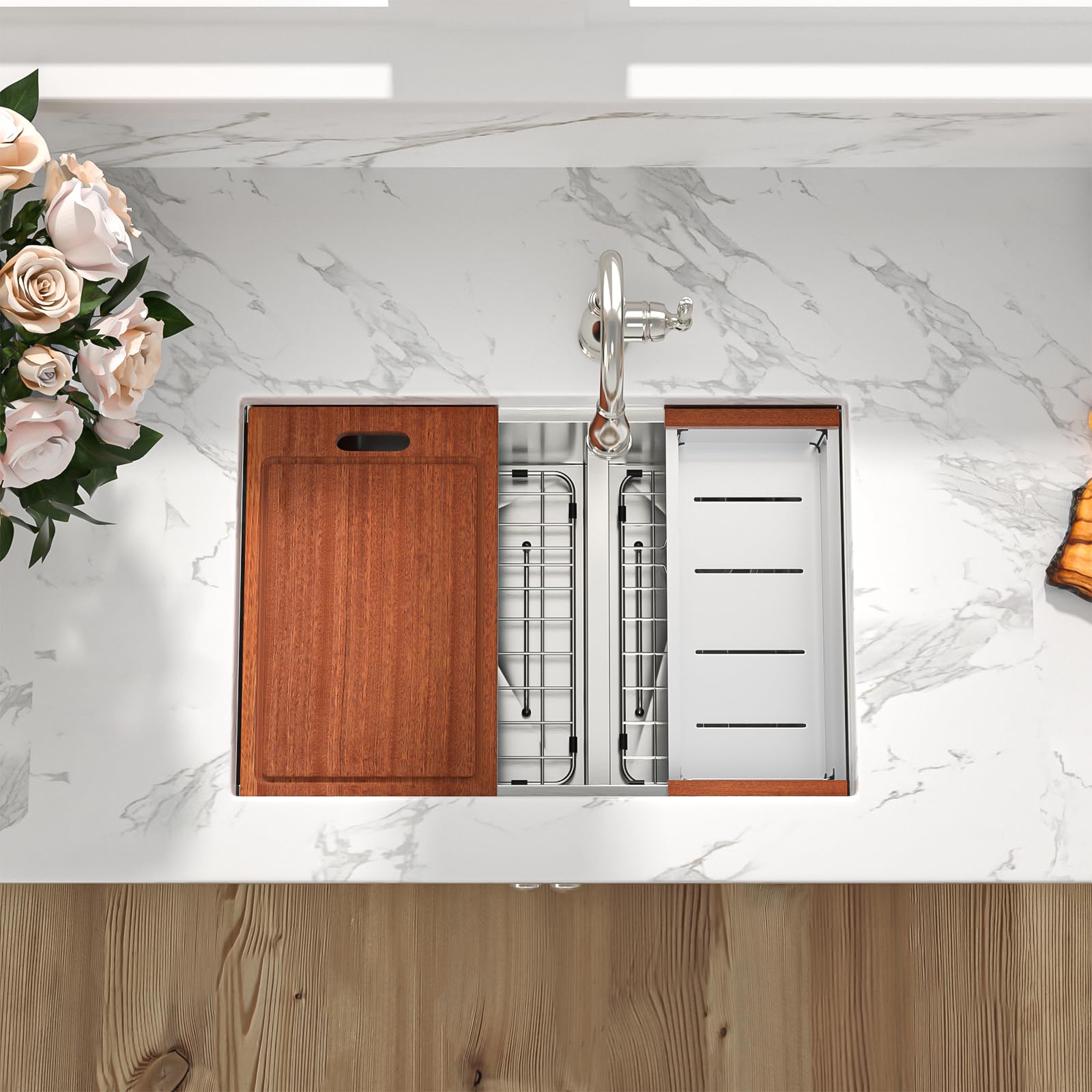Sarlai 28in Undermount Double Bowl 60/40 Low Divide Stainless Steel Kitchen Sink Secondary image
