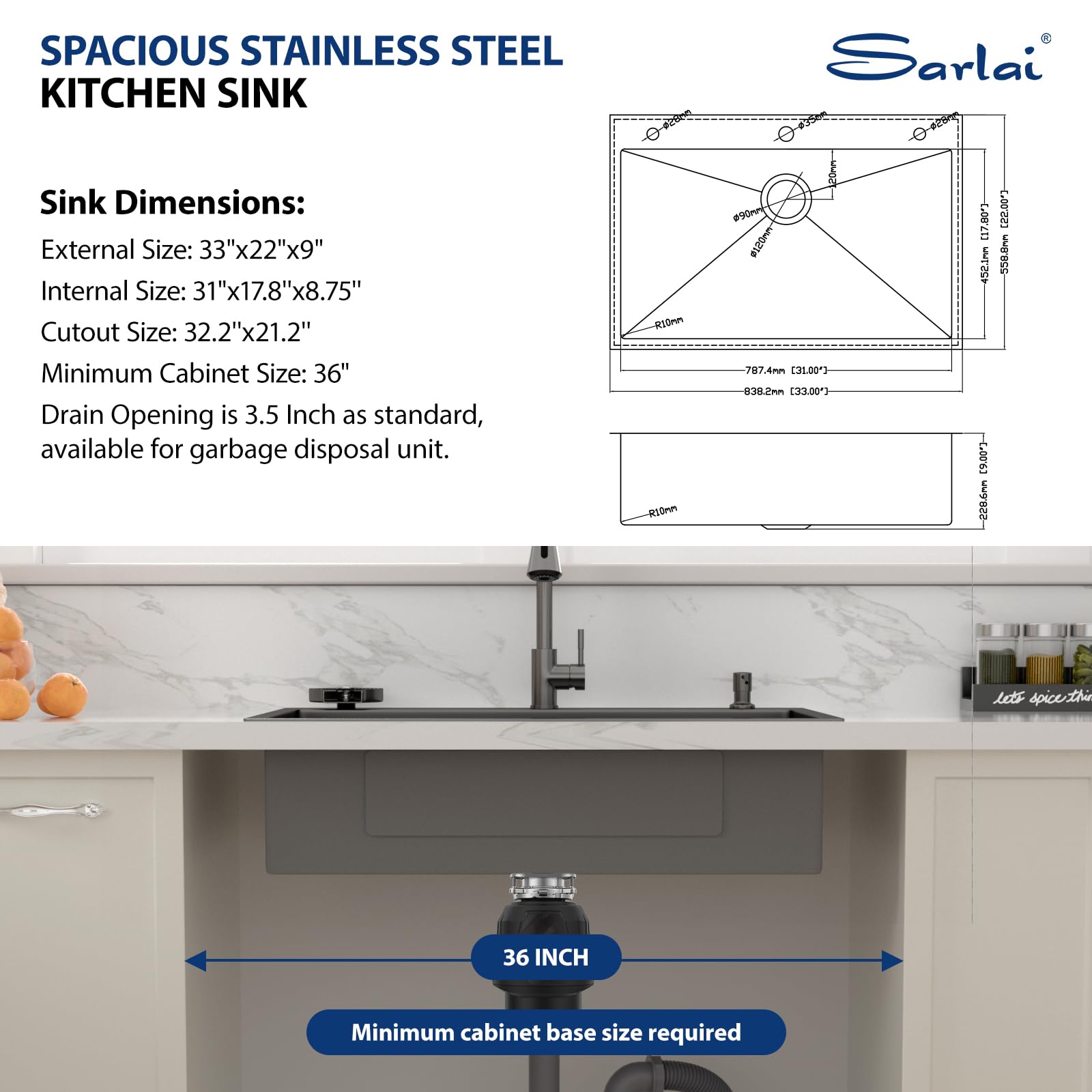 Sarlai 33''x22'' Gunmetal Black Drop-In Kitchen Sink, 16 Gauge Stainless Steel Topmount Single Bowl with Matching Kitchen Faucet