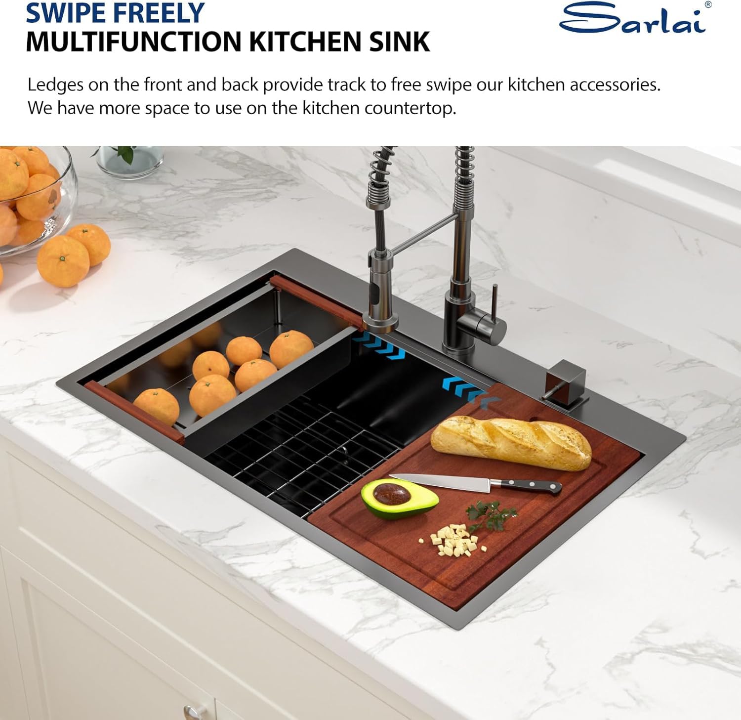 Sarlai 33in Black Drop In Single Bowl Stainless Steel Workstation Kitchen Sink