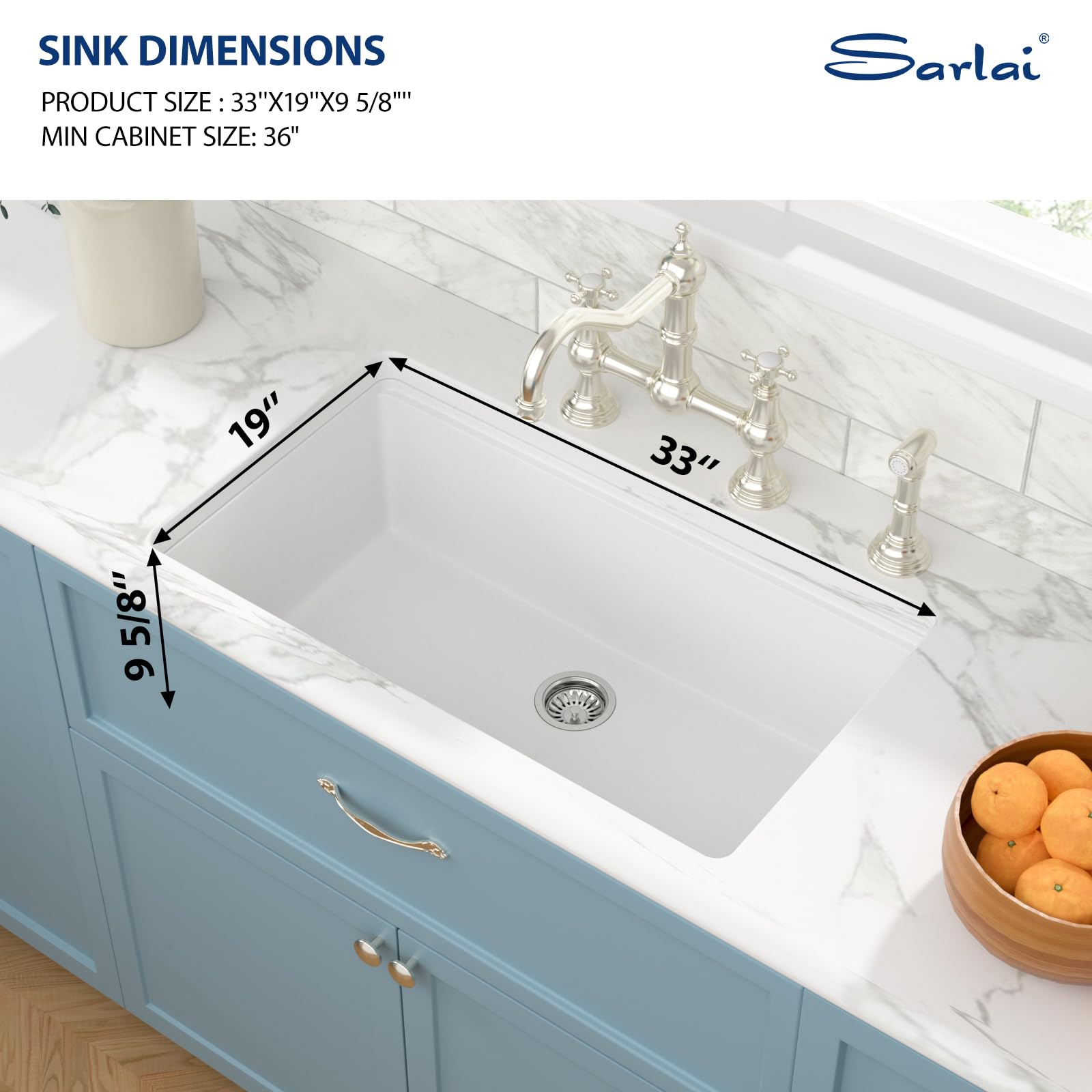 Sarlai 33in White Granite Composite Quartz Undermount Single Bowl Workstation Kitchen Sink