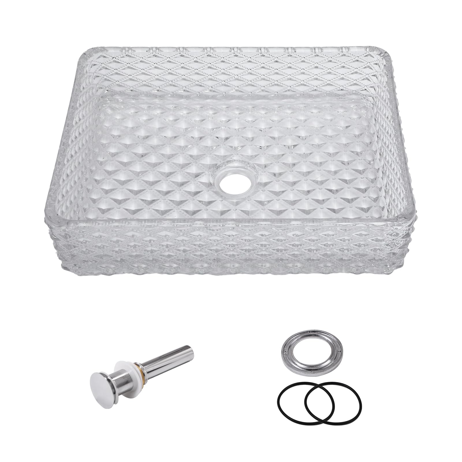 Sarlai 17.5''x13'' Diamond Rectangular Tempered Glass Bathroom Vessel Sink, Countertop Basin with Pop-up Drain Combo