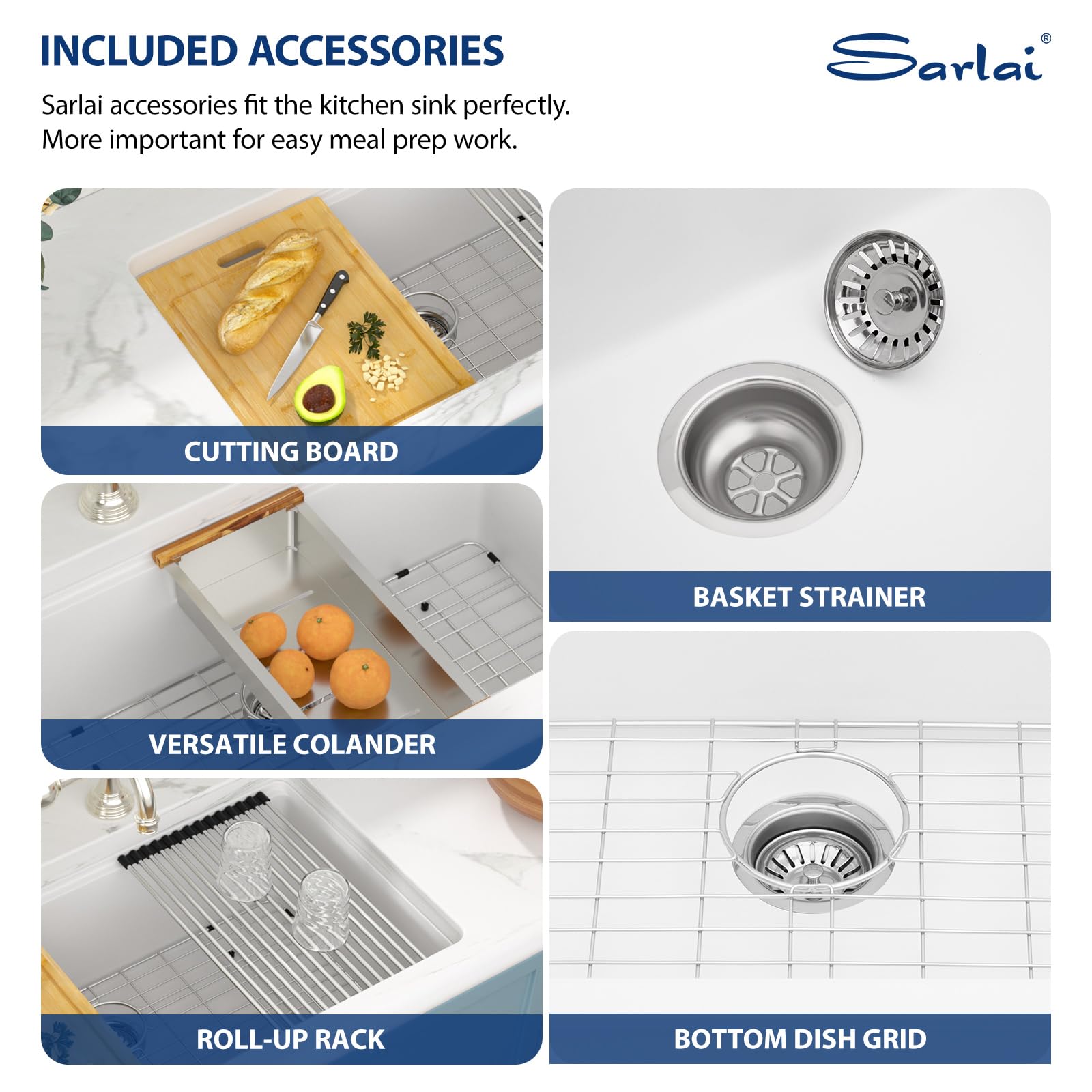 Sarlai 33in White Granite Composite Quartz Undermount Single Bowl Workstation Kitchen Sink