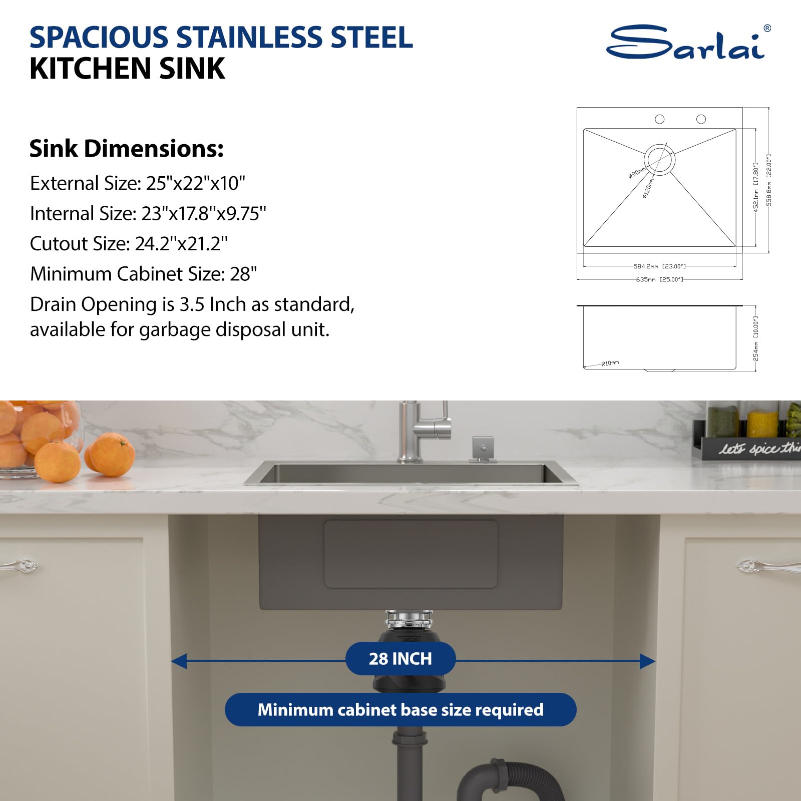 Sarlai 25'' x 22'' Stainless Steel Drop-In Double Hole Single Bowl Kitchen Sink