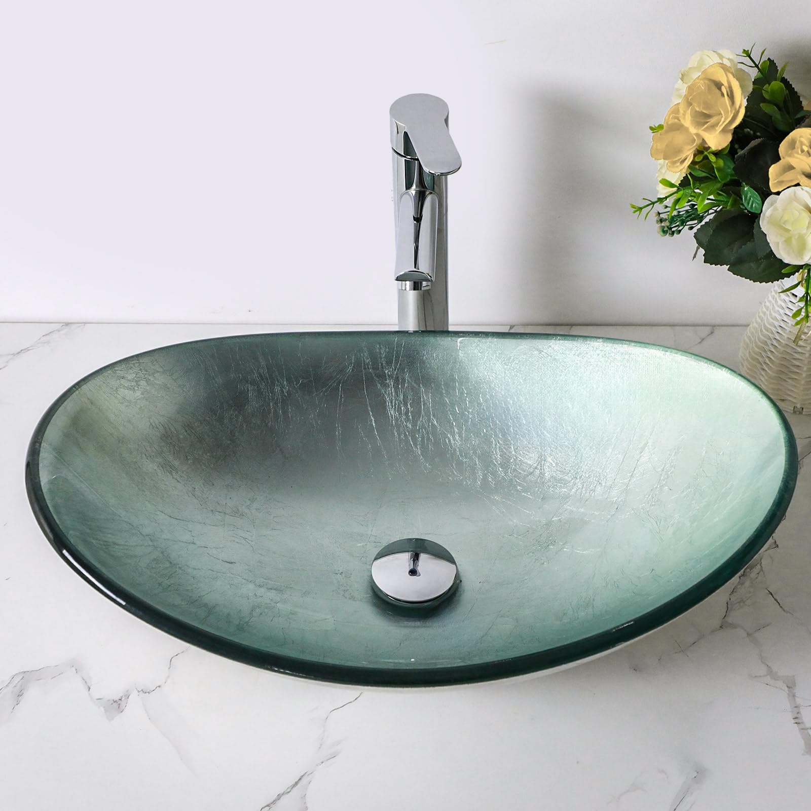 Sarlai Modern Artistic Tempered Glass Bathroom Vessel Sink, Countertop Bowl Basin for Lavatory Vanity Cabinet