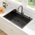 Sarlai 33''x22'' Gunmetal Black Drop-In Kitchen Sink, 16 Gauge Stainless Steel Topmount Single Bowl with Matching Kitchen Faucet