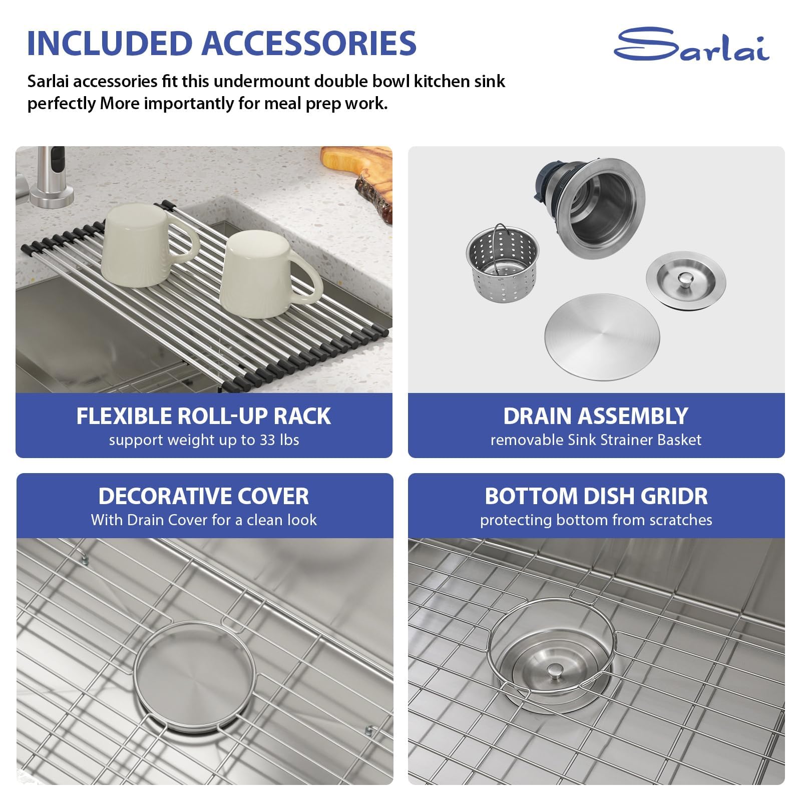 Sarlai 36 Inch Double Bowl 50/50 Low Divide Undermount Stainless Steel Kitchen Sink with Accessories
